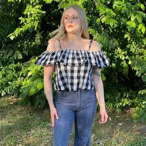 Rachel Antonoff Gingham Off Shoulder Crop Top